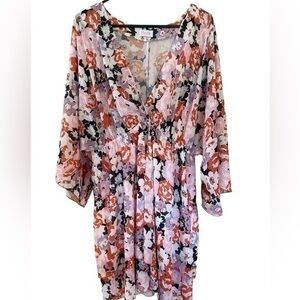 Pink Lady Navy and Pink Floral v neck lightweight tiered dress in 2Xlg